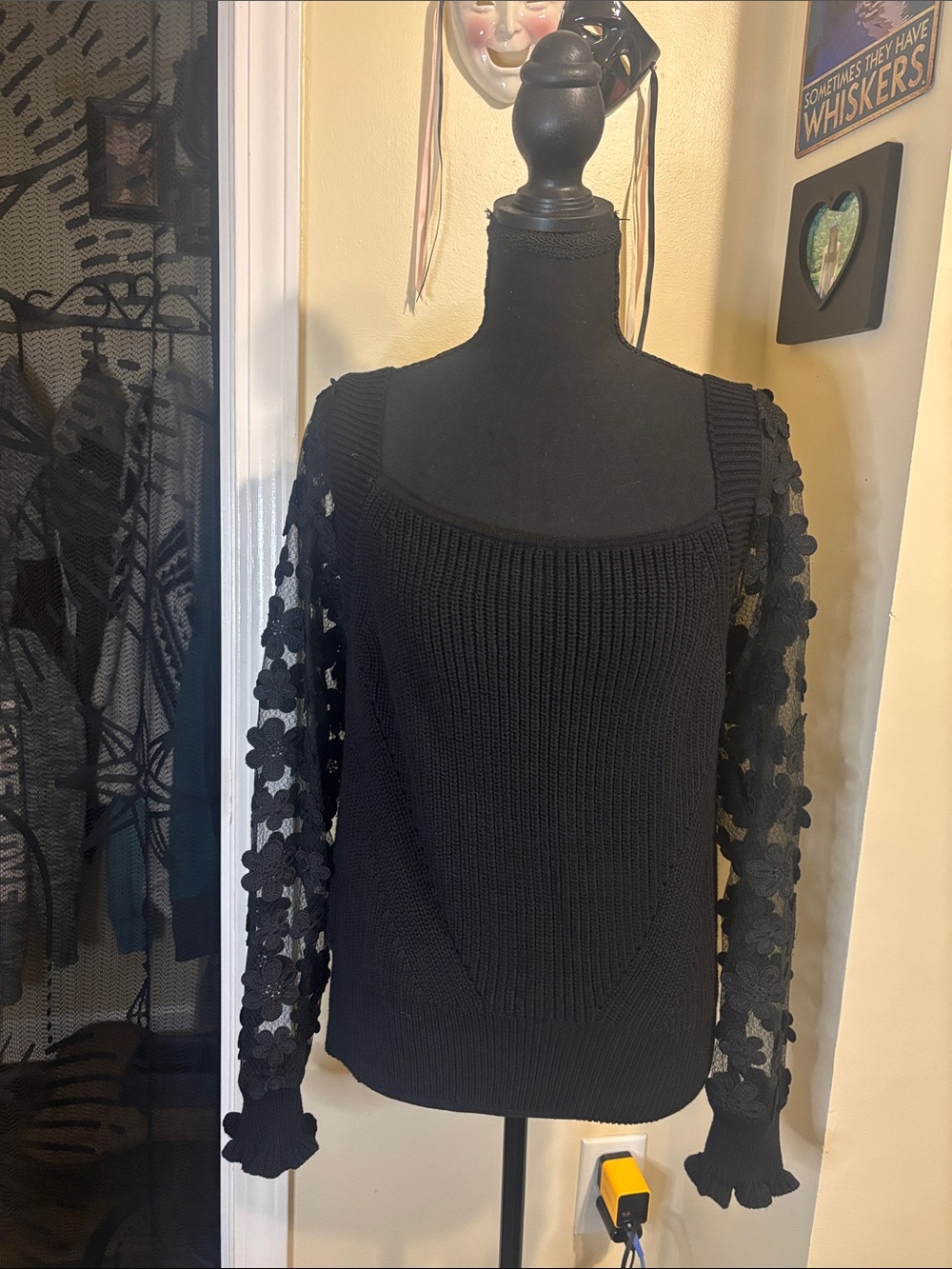 Black Lace-Sleeve Square Neck Sweater